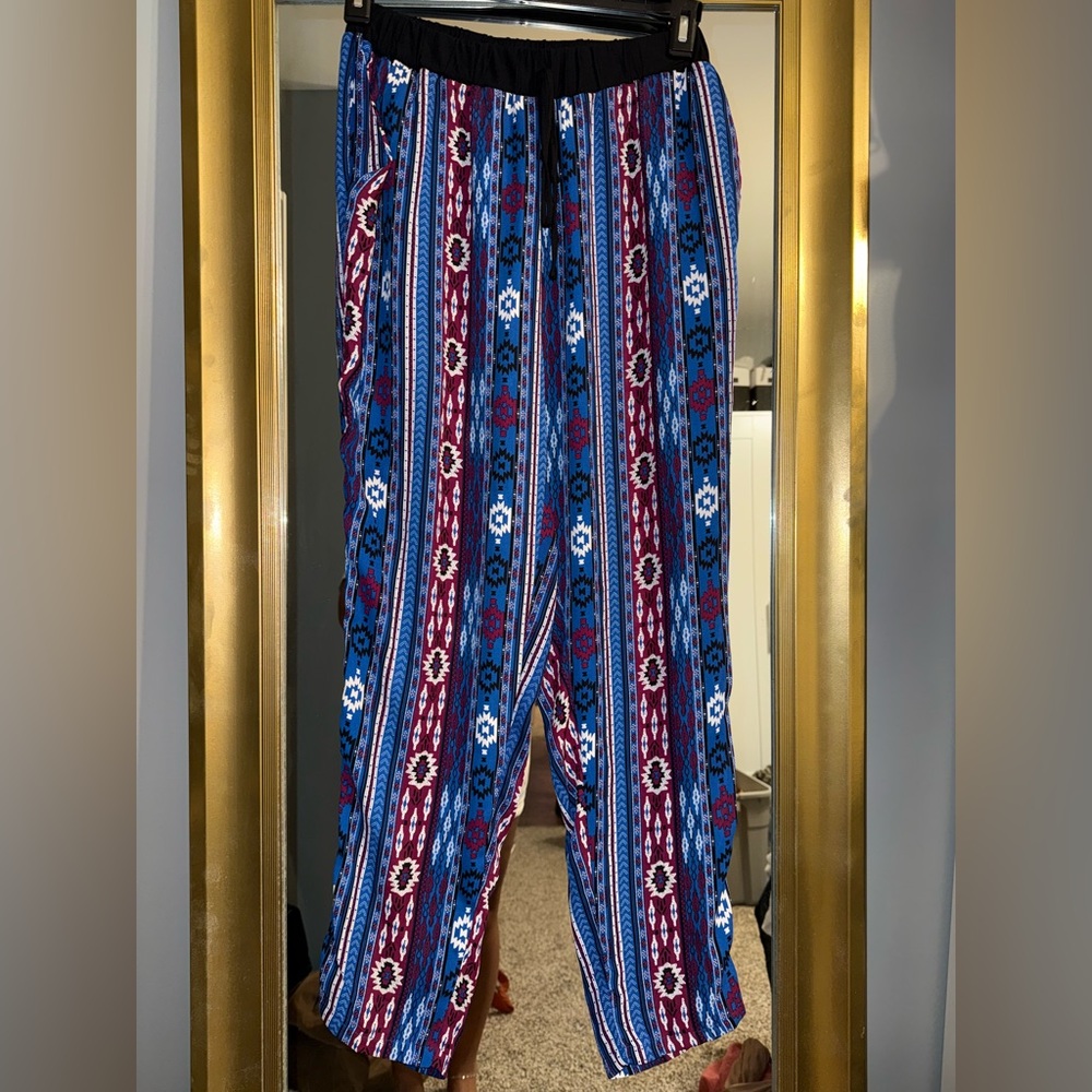 Rue21 Vibrant Blue and Red Tribal Patterned Pants
